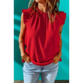 Red Ruffled Ribbed O-neck Sleeveless Top